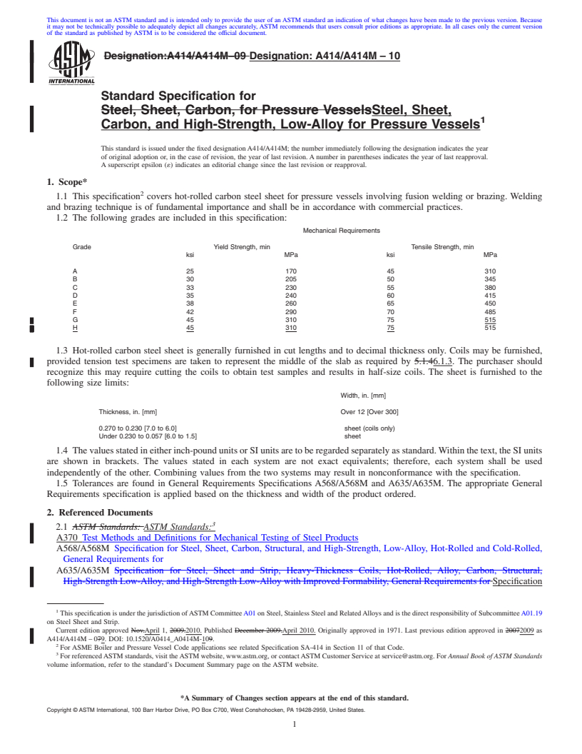 REDLINE ASTM A414/A414M-10 - Standard Specification for  Steel, Sheet, Carbon, and High-Strength, Low-Alloy for Pressure Vessels