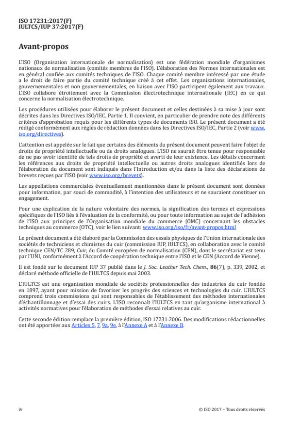 ISO 17231:2017 ISO 17231:2017 - Cuir -- Essais physiques et mécaniques -- Détermination de la résistance au mouillage superficiel des cuirs pour vetements - Page 4 preview