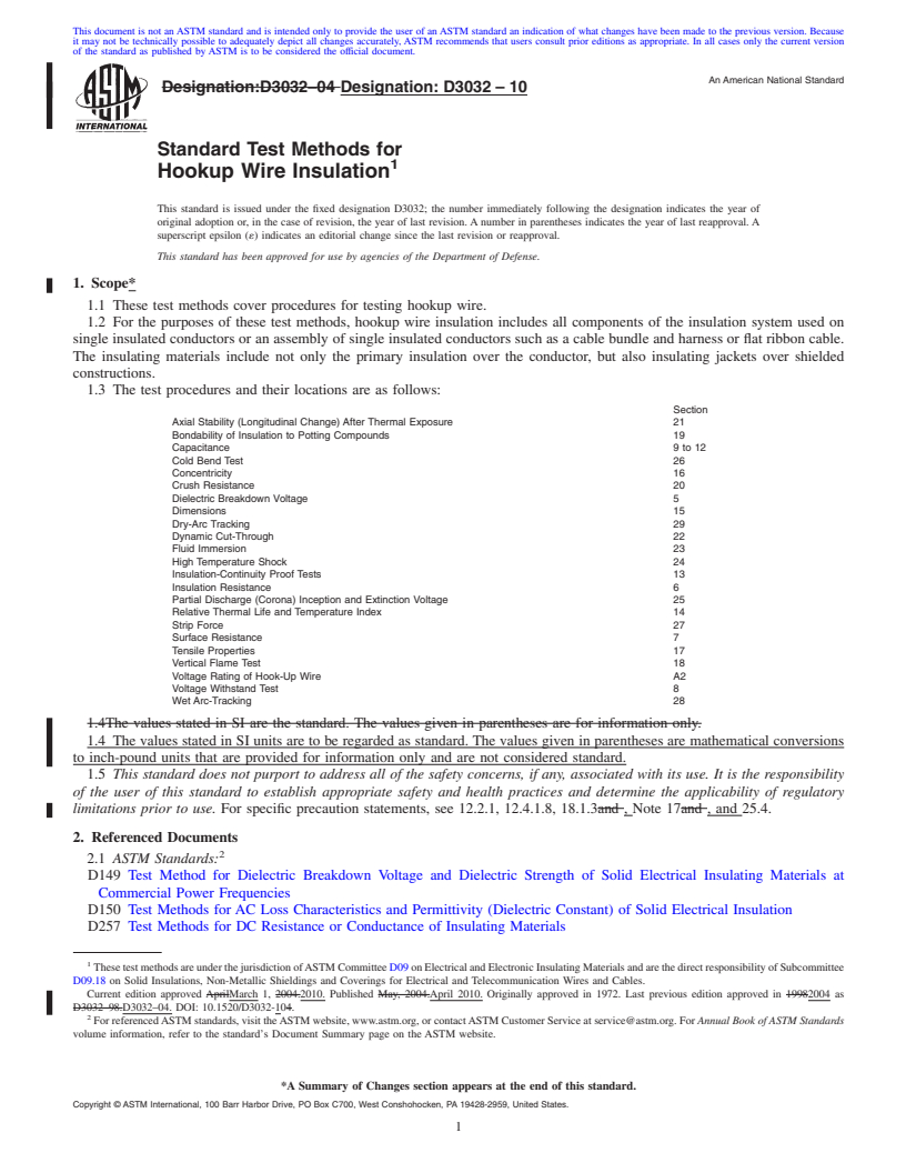 REDLINE ASTM D3032-10 - Standard Test Methods for Hookup Wire Insulation