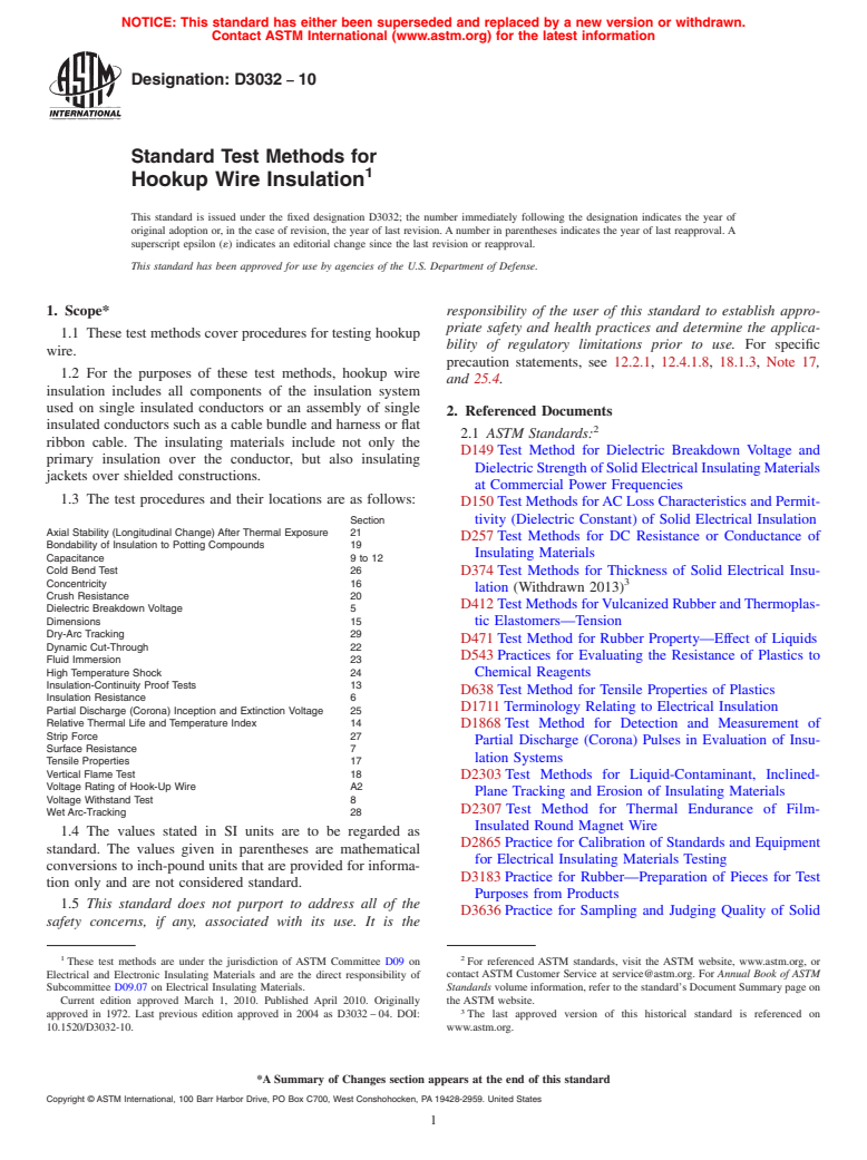 ASTM D3032-10 - Standard Test Methods for Hookup Wire Insulation