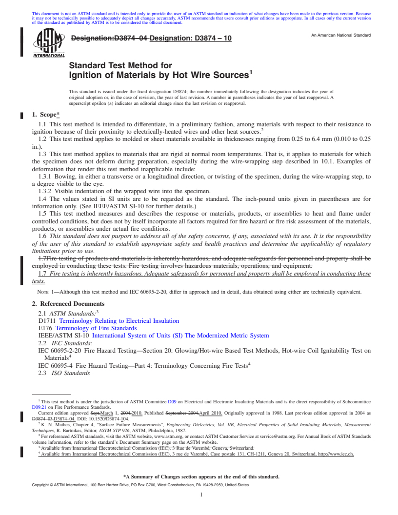 REDLINE ASTM D3874-10 - Standard Test Method for Ignition of Materials by Hot Wire Sources