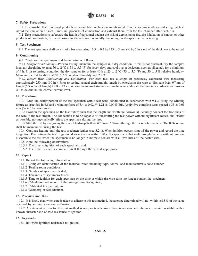 REDLINE ASTM D3874-10 - Standard Test Method for Ignition of Materials by Hot Wire Sources