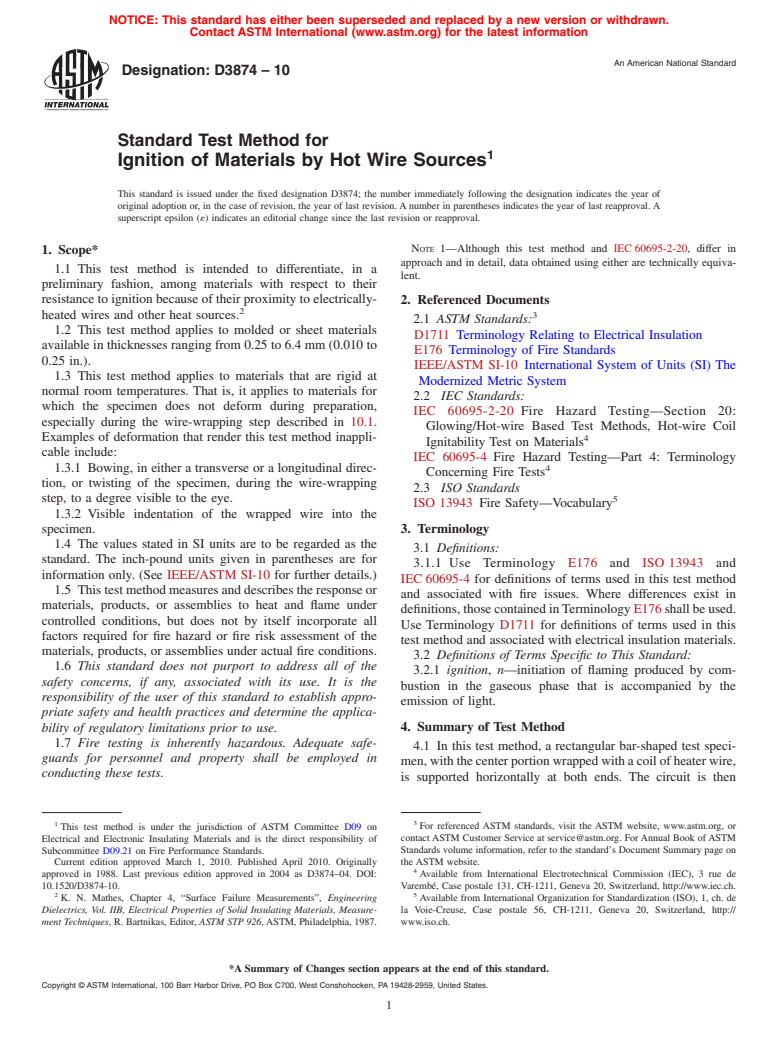 ASTM D3874-10 - Standard Test Method for Ignition of Materials by Hot Wire Sources