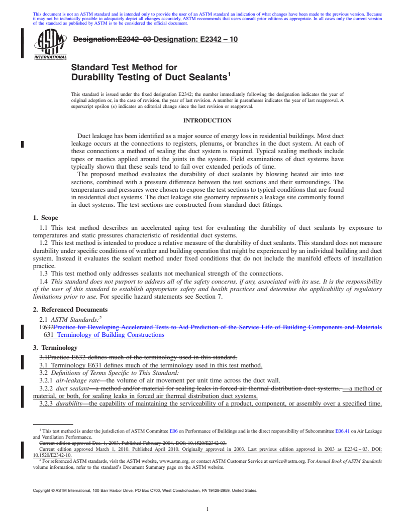 REDLINE ASTM E2342-10 - Standard Test Method for Durability Testing of Duct Sealants