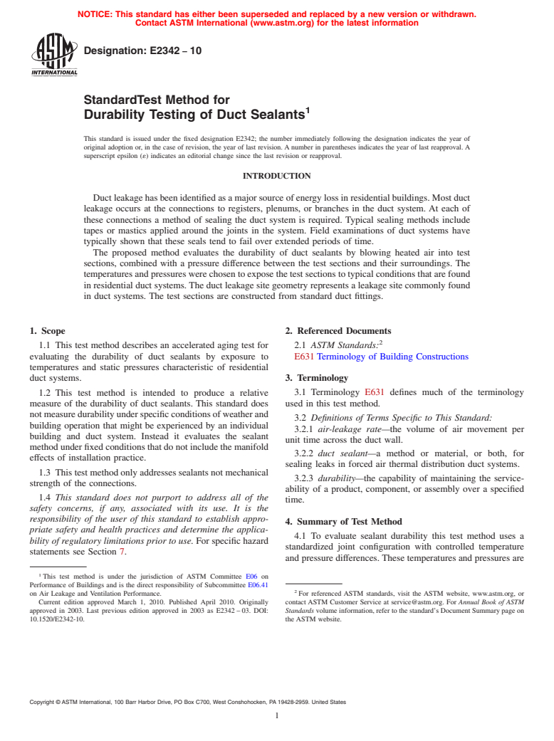 ASTM E2342-10 - Standard Test Method for Durability Testing of Duct Sealants