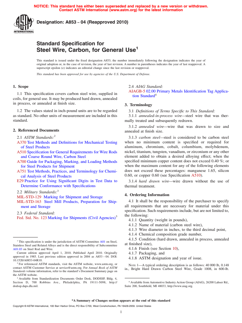 ASTM A853-04(2010) - Standard Specification for Steel Wire, Carbon, for General Use