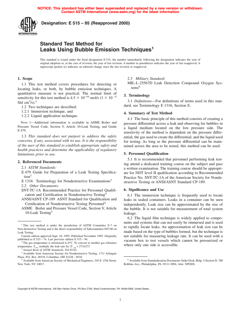 ASTM E515-95(2000) - Standard Test Method for Leaks Using Bubble Emission Techniques