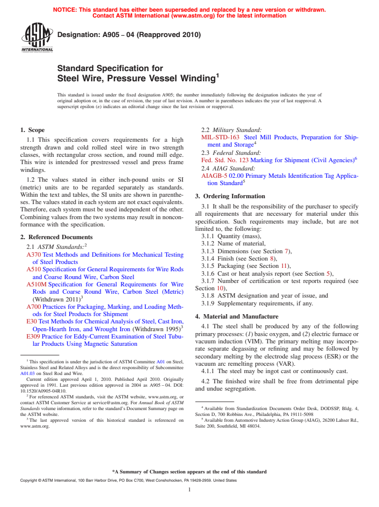 ASTM A905-04(2010) - Standard Specification for Steel Wire, Pressure Vessel Winding