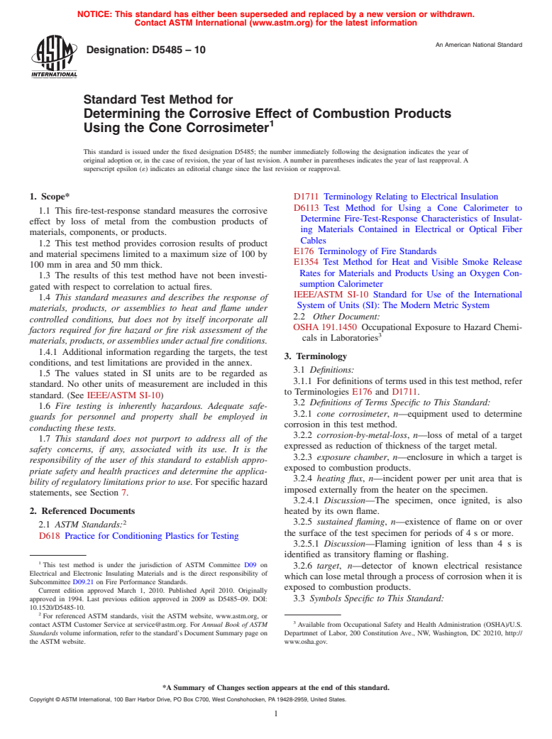 ASTM D5485-10 - Standard Test Method for Determining the Corrosive Effect of Combustion Products Using the Cone Corrosimeter