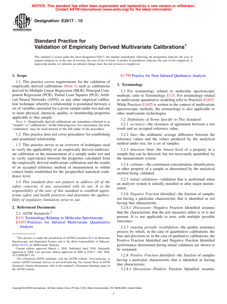 ASTM E2617-10 - Standard Practice for Validation of Empirically Derived Multivariate Calibrations