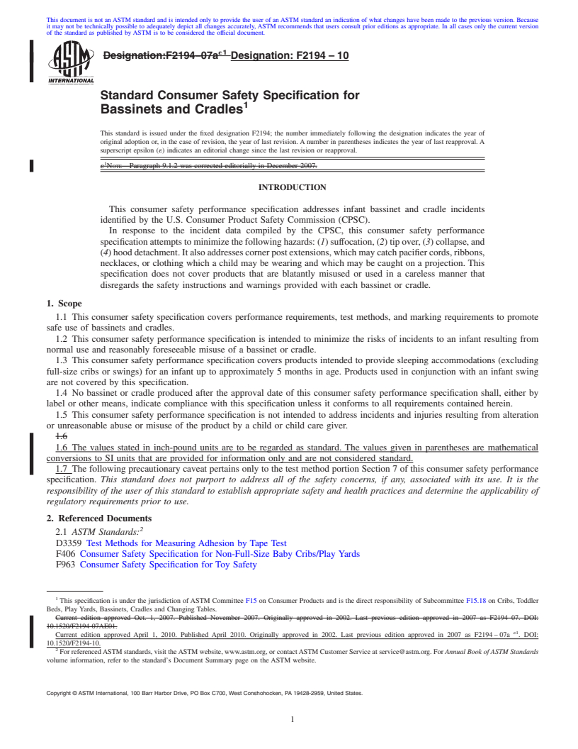 REDLINE ASTM F2194-10 - Standard Consumer Safety Specification for Bassinets and Cradles