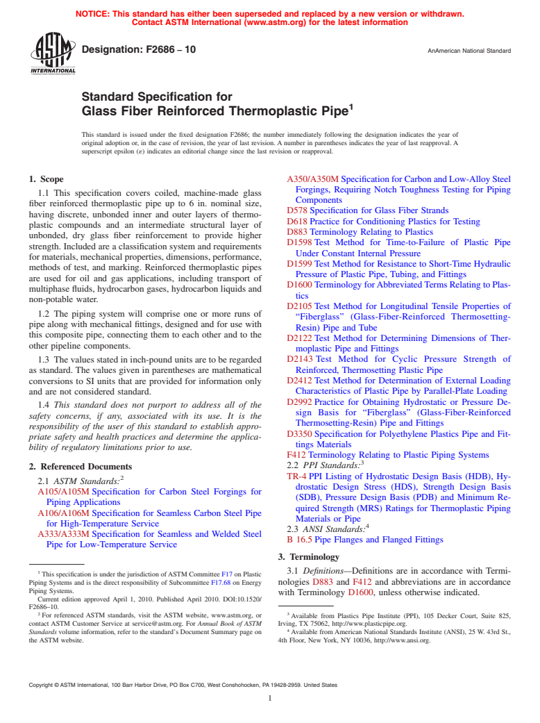 ASTM F2686-10 - Standard Specification for Glass Fiber Reinforced Thermoplastic Pipe