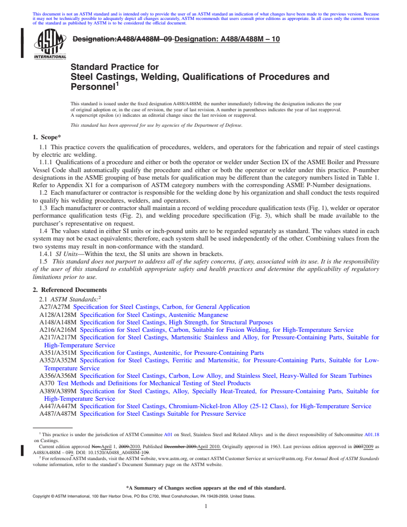 REDLINE ASTM A488/A488M-10 - Standard Practice for Steel Castings, Welding, Qualifications of Procedures and Personnel