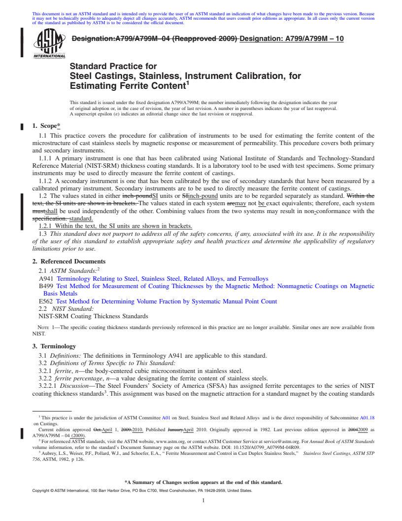 REDLINE ASTM A799/A799M-10 - Standard Practice for Steel Castings, Stainless, Instrument Calibration, for Estimating Ferrite Content