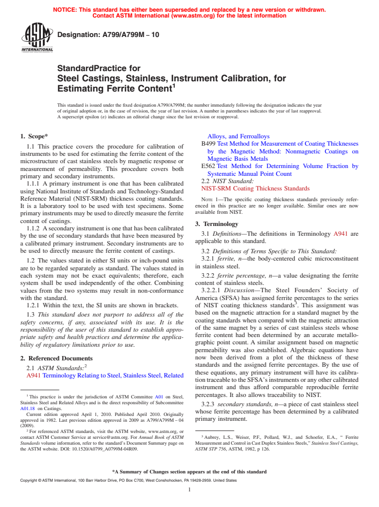 ASTM A799/A799M-10 - Standard Practice for Steel Castings, Stainless, Instrument Calibration, for Estimating Ferrite Content