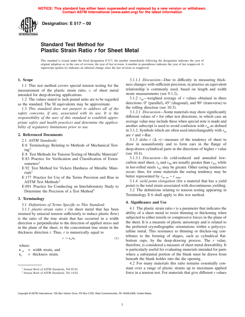 ASTM E517-00 - Standard Test Method for Plastic Strain Ratio r for Sheet Metal