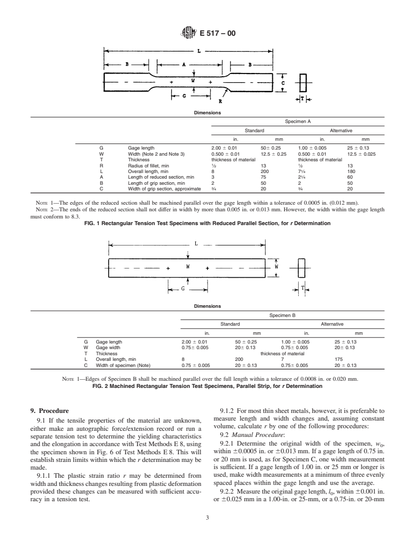 ASTM E517-00 - Standard Test Method for Plastic Strain Ratio r for Sheet Metal