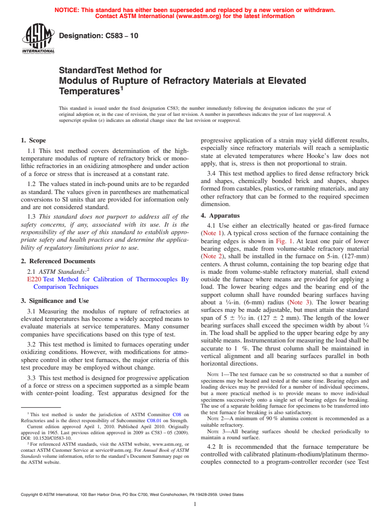 ASTM C583-10 - Standard Test Method for Modulus of Rupture of Refractory Materials at Elevated Temperatures