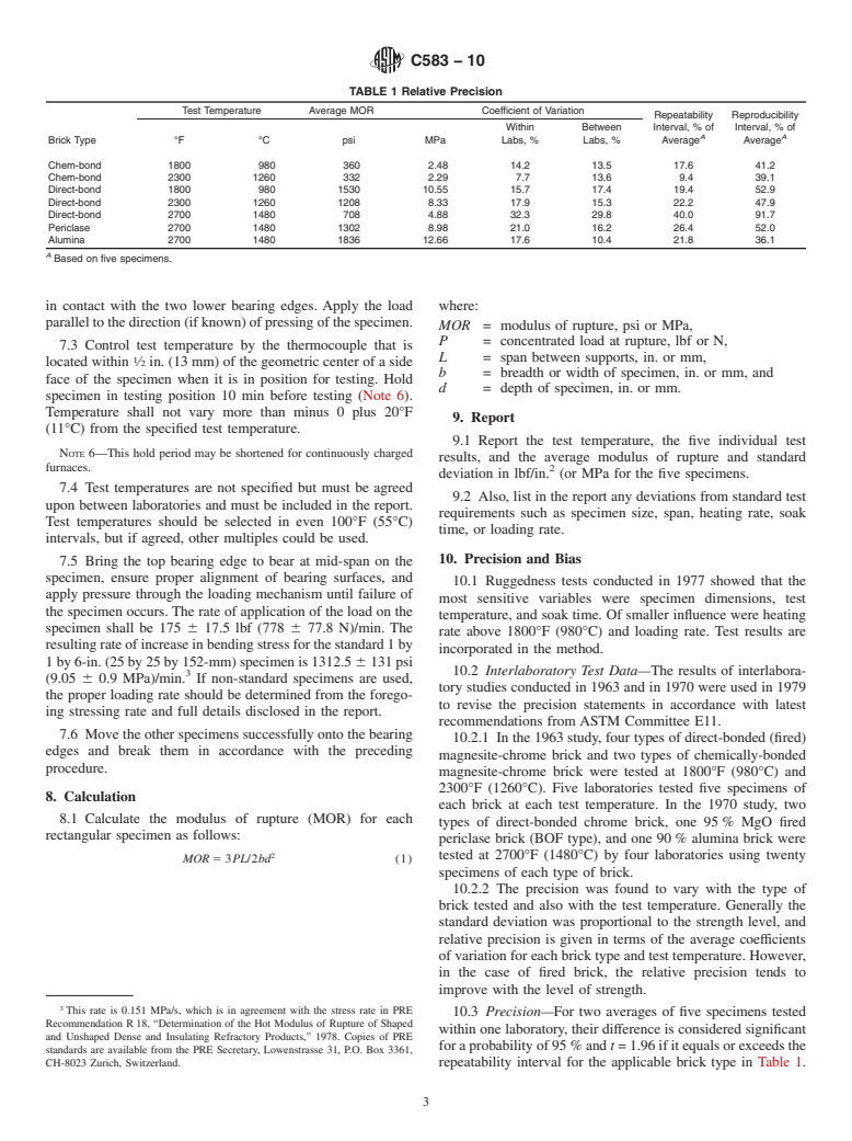 ASTM C583-10 - Standard Test Method for Modulus of Rupture of Refractory Materials at Elevated Temperatures