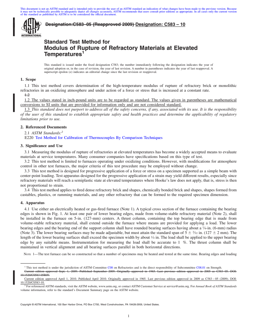 REDLINE ASTM C583-10 - Standard Test Method for Modulus of Rupture of Refractory Materials at Elevated Temperatures