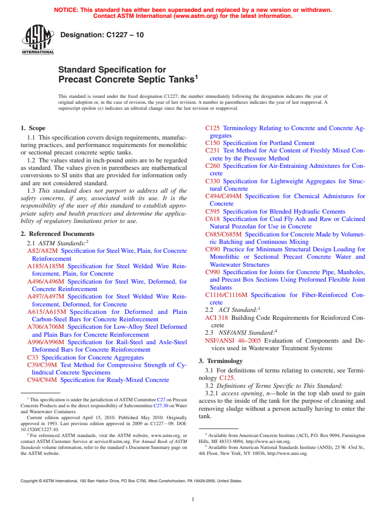 ASTM C1227-10 - Standard Specification for Precast Concrete Septic Tanks