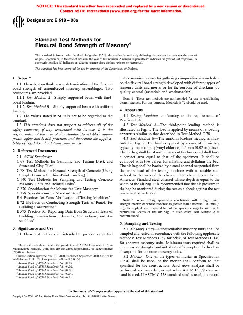 ASTM E518-00a - Standard Test Methods for Flexural Bond Strength of Masonry