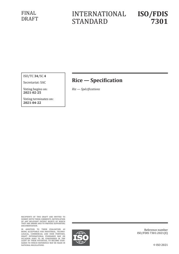ISO/FDIS 7301:Version 20-feb-2021 - Rice -- Specification