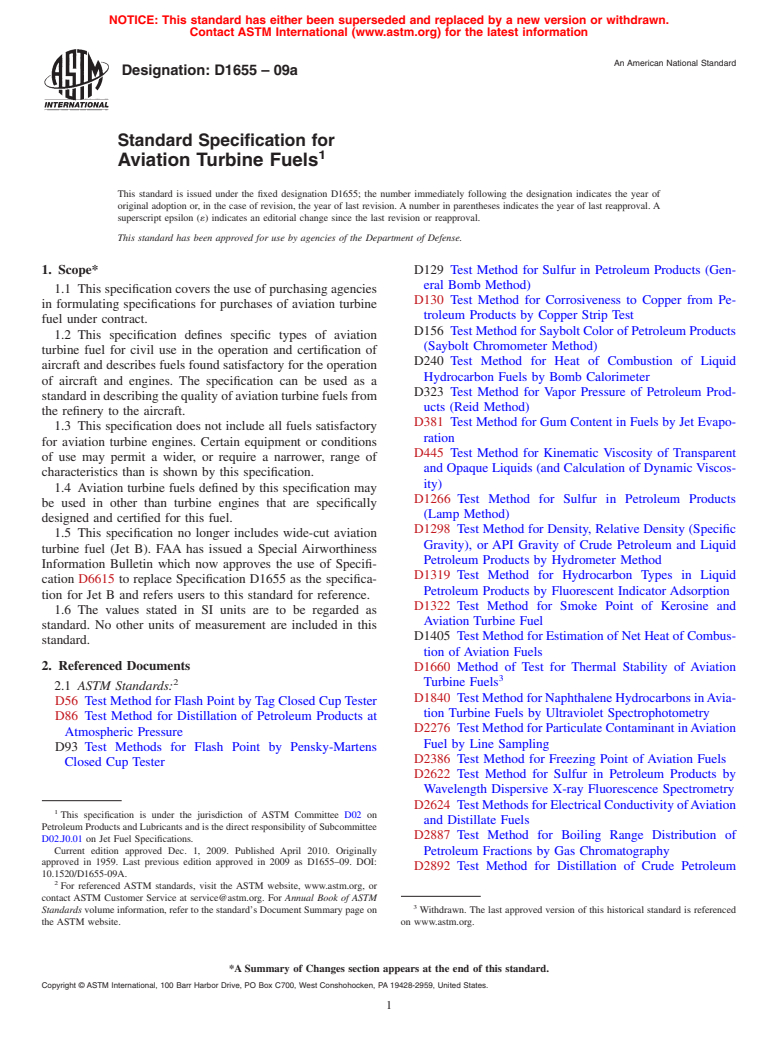 ASTM D1655-09a - Standard Specification for Aviation Turbine Fuels