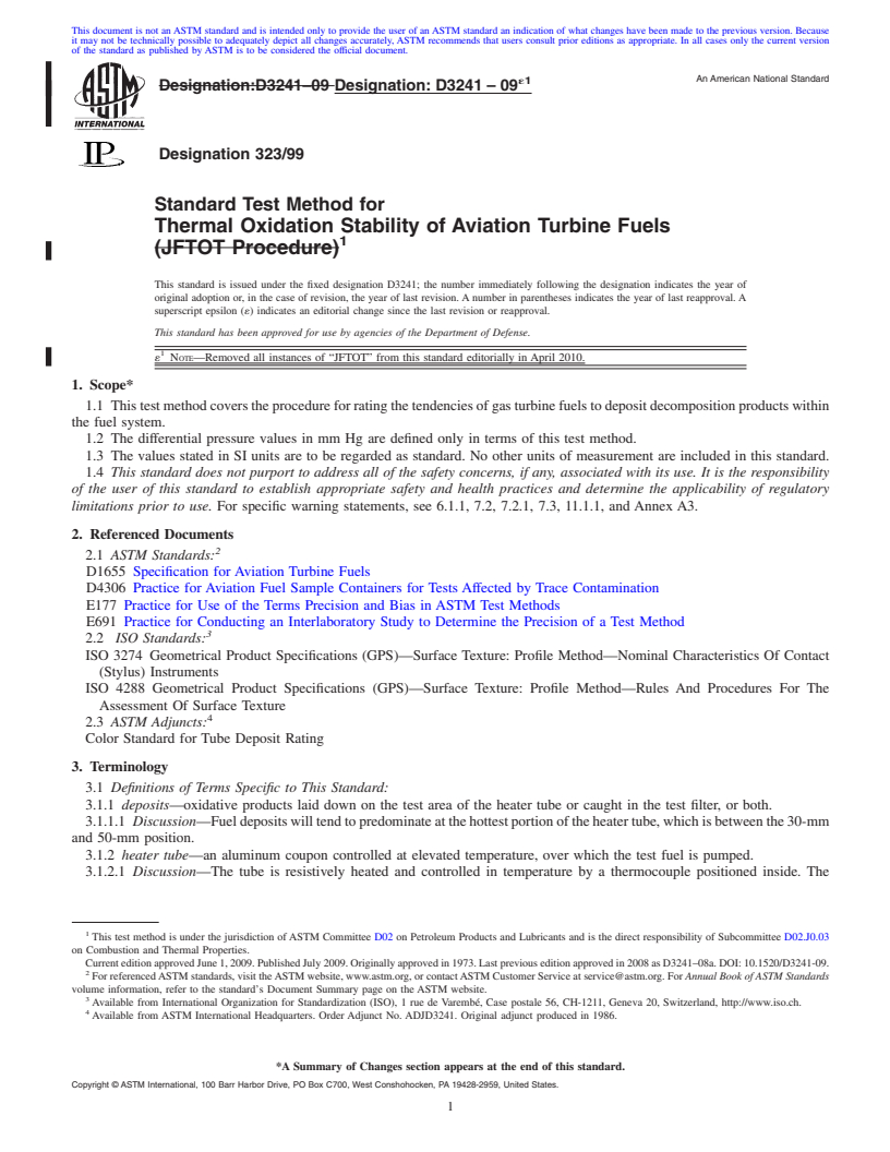 REDLINE ASTM D3241-09e1 - Standard Test Method for Thermal Oxidation Stability of Aviation Turbine Fuels