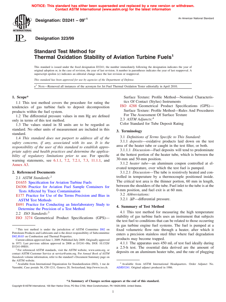 ASTM D3241-09e1 - Standard Test Method for Thermal Oxidation Stability of Aviation Turbine Fuels