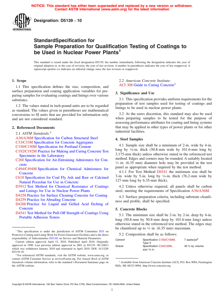 ASTM D5139-10 - Standard Specification for Sample Preparation for Qualification Testing of Coatings to be Used in Nuclear Power Plants