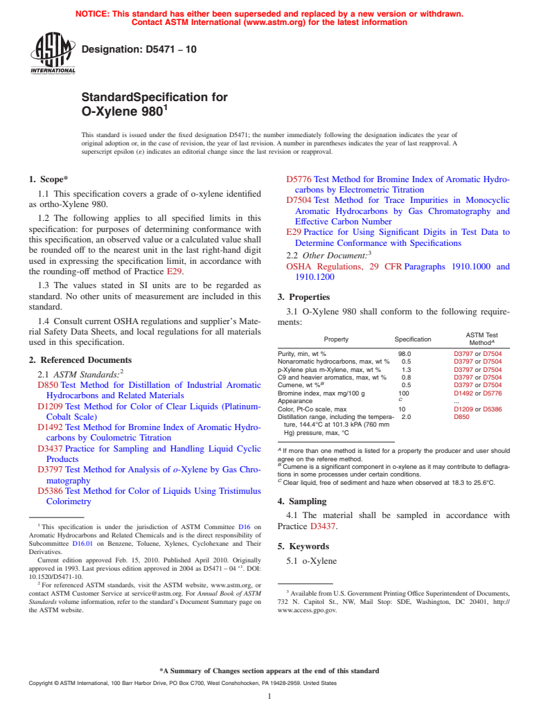 ASTM D5471-10 - Standard Specification for O-Xylene 980