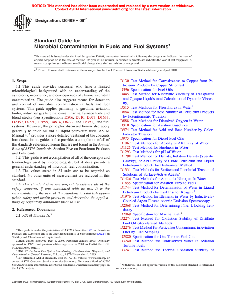 ASTM D6469-08e1 - Standard Guide for Microbial Contamination in Fuels and Fuel Systems