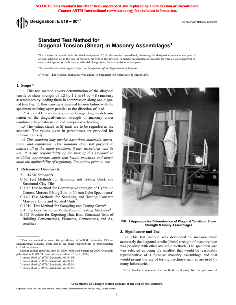 ASTM E519-00e1 - Standard Test Method for Diagonal Tension (Shear) in Masonry Assemblages