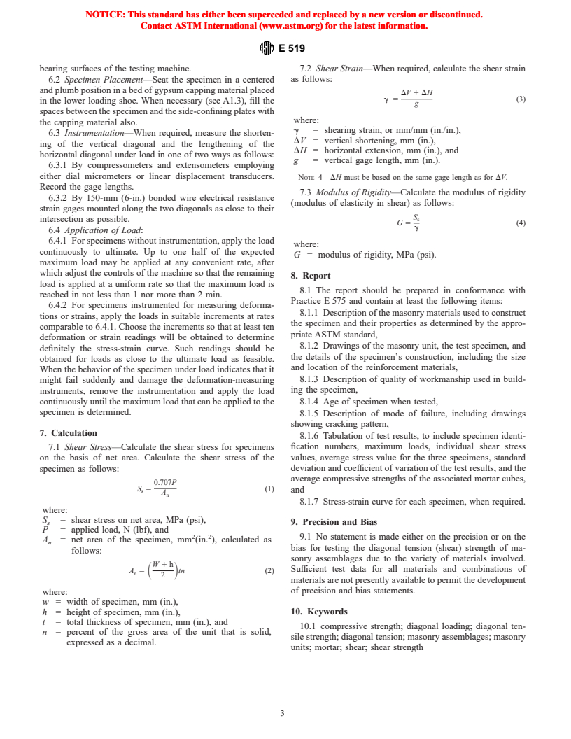 ASTM E519-00e1 - Standard Test Method for Diagonal Tension (Shear) in Masonry Assemblages