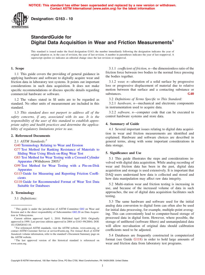 ASTM G163-10 - Standard Guide for Digital Data Acquisition in Wear and Friction Measurements (Withdrawn 2016)