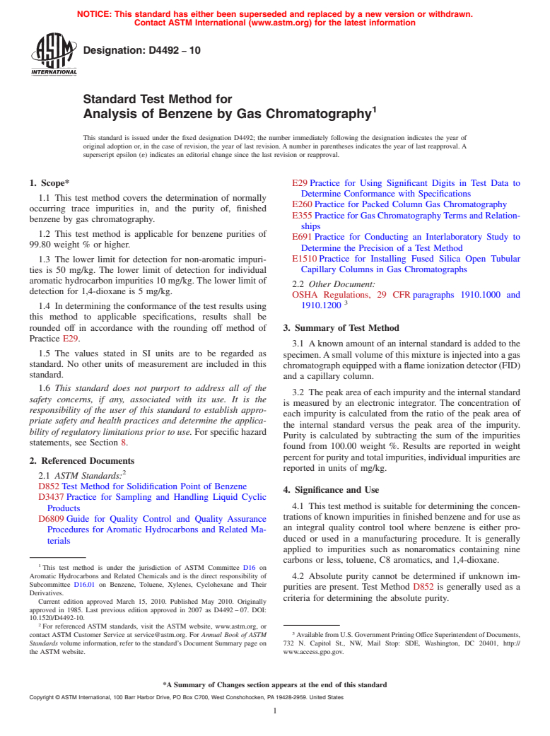 ASTM D4492-10 - Standard Test Method for Analysis of Benzene by Gas Chromatography (Withdrawn 2018)