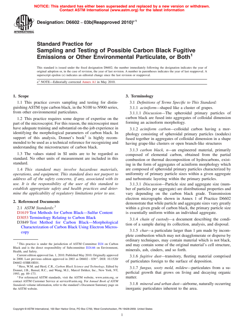 ASTM D6602-03b(2010)e1 - Standard Practice for Sampling and Testing of Possible Carbon Black Fugitive Emissions or Other Environmental Particulate, or Both