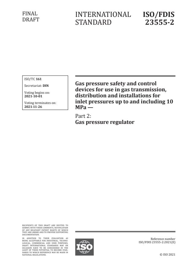 ISO/FDIS 23555-2 - Gas pressure safety and control devices for use in gas transmission, distribution and installations for inlet pressures up to and including 10 MPa