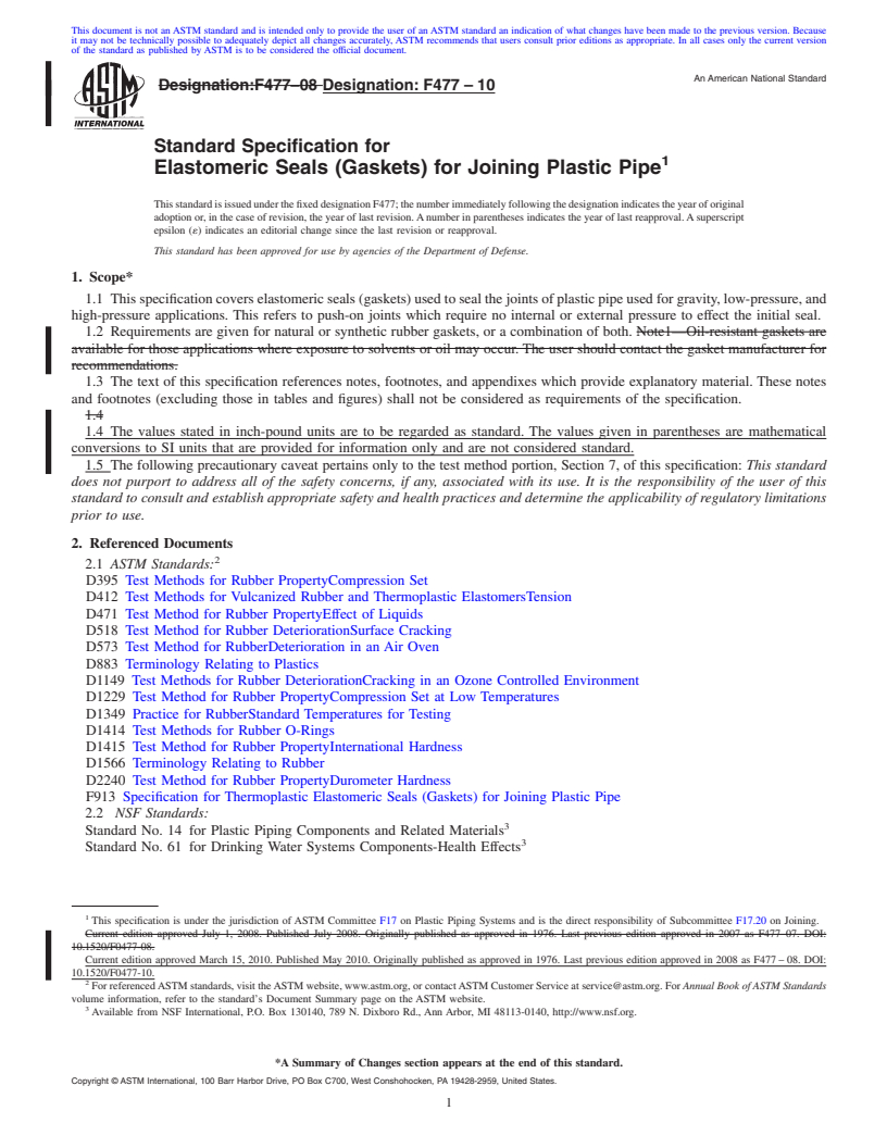 REDLINE ASTM F477-10 - Standard Specification for  Elastomeric Seals (Gaskets) for Joining Plastic Pipe