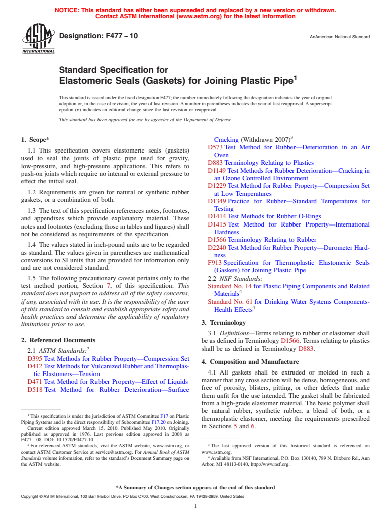 ASTM F477-10 - Standard Specification for  Elastomeric Seals (Gaskets) for Joining Plastic Pipe