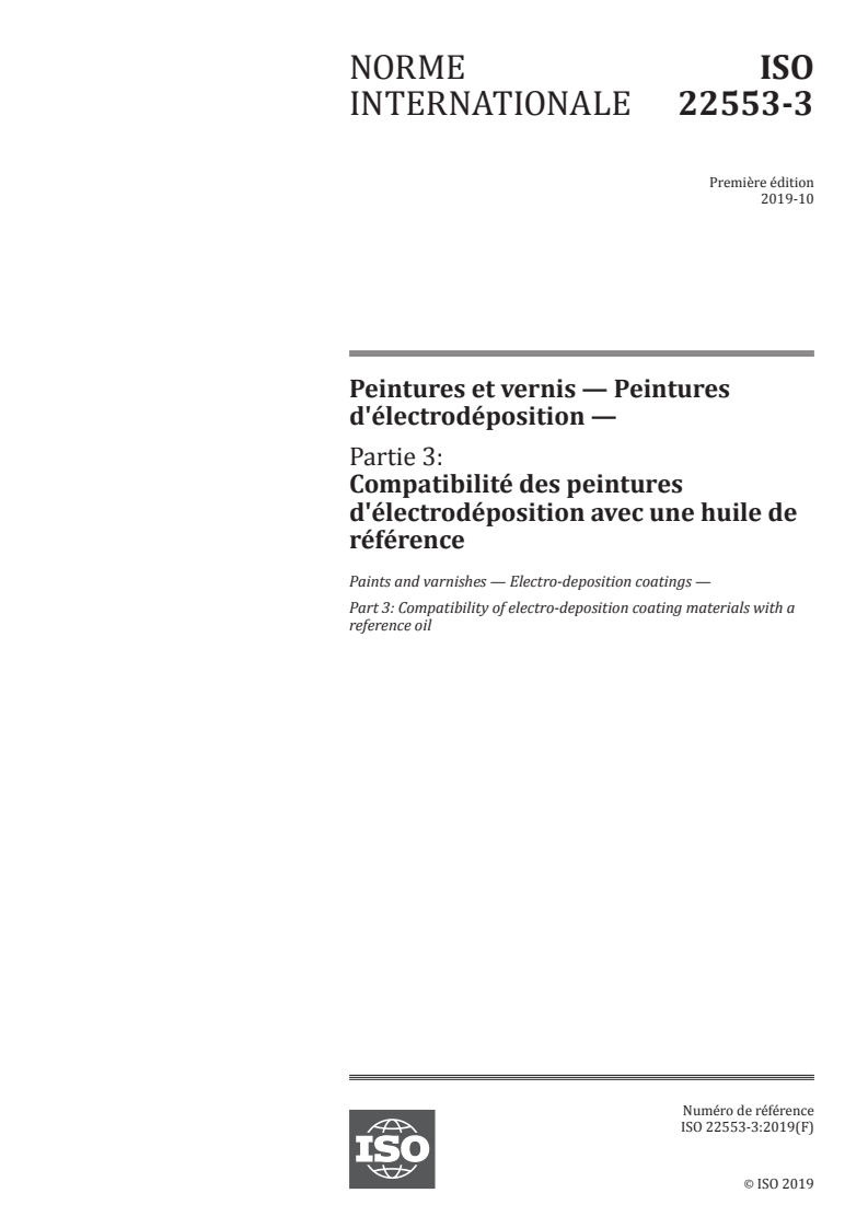 ISO 22553-3:2019 - Peintures et vernis — Peintures d'électrodéposition — Partie 3: Compatibilité des peintures d'électrodéposition avec une huile de référence
Released:12/7/2020