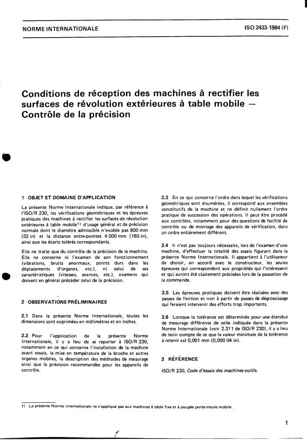 ISO 2433:1984 - Conditions de réception des machines a rectifier les surfaces de révolution extérieures a table mobile -- Contrôle de la précision