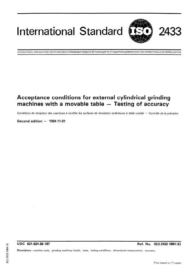 ISO 2433:1984 - Acceptance conditions for external cylindrical grinding machines with a movable table -- Testing of accuracy