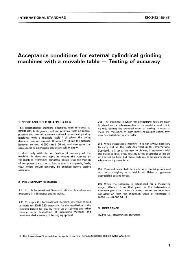 ISO 2433:1984 - Acceptance conditions for external cylindrical grinding machines with a movable table -- Testing of accuracy