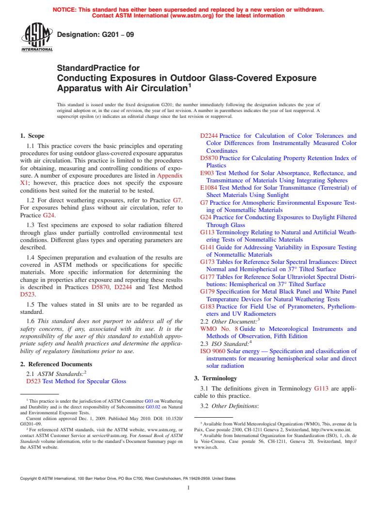 ASTM G201-09 - Standard Practice for Conducting Exposures in Outdoor Glass-Covered Exposure Apparatus with Air Circulation