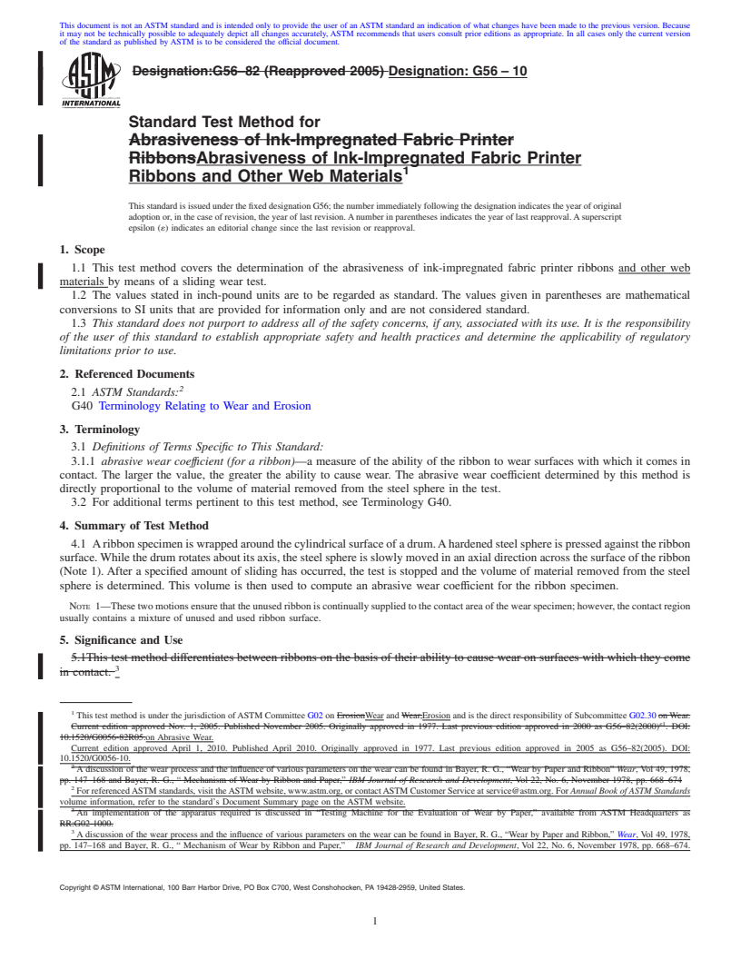 REDLINE ASTM G56-10 - Standard Test Method for Abrasiveness of Ink-Impregnated Fabric Printer Ribbons and Other Web Materials