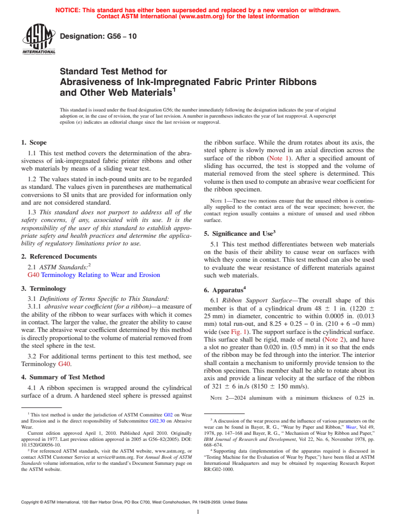 ASTM G56-10 - Standard Test Method for Abrasiveness of Ink-Impregnated Fabric Printer Ribbons and Other Web Materials