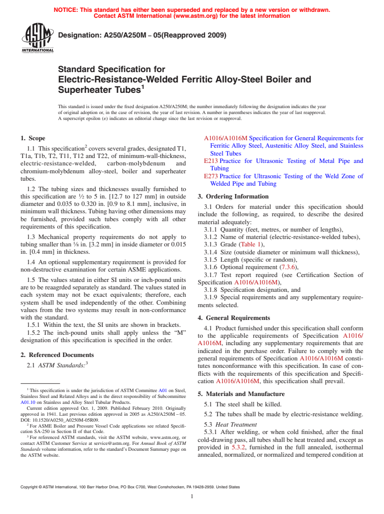 ASTM A250/A250M-05(2009) - Standard Specification for Electric-Resistance-Welded Ferritic Alloy-Steel Boiler and Superheater Tubes