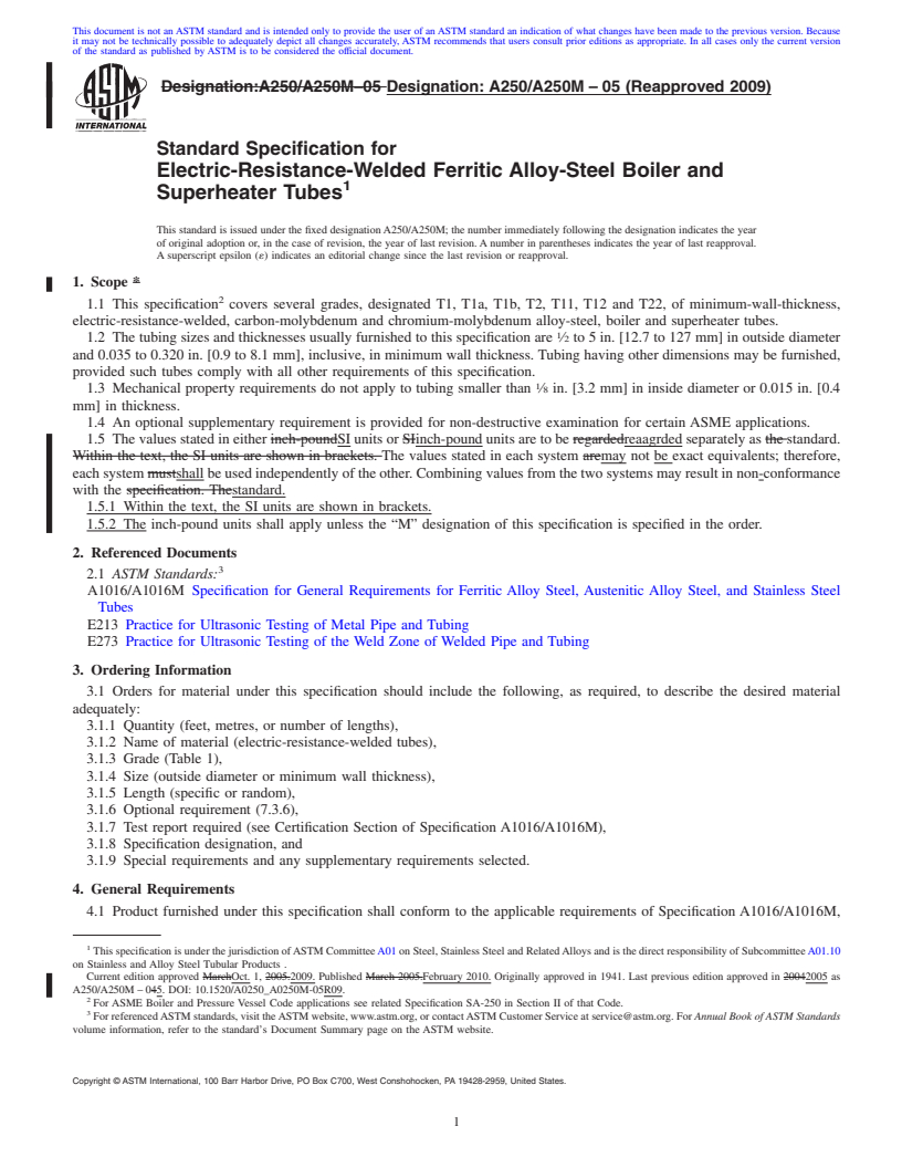REDLINE ASTM A250/A250M-05(2009) - Standard Specification for Electric-Resistance-Welded Ferritic Alloy-Steel Boiler and Superheater Tubes